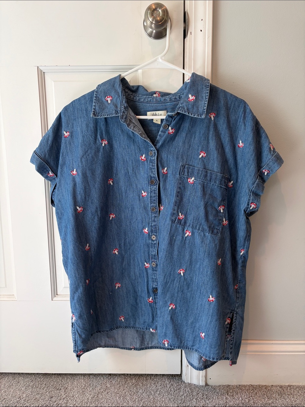 Style & Co. Blue Denim Short-Sleeve Button-Down Shirt with mushroom Embroidery